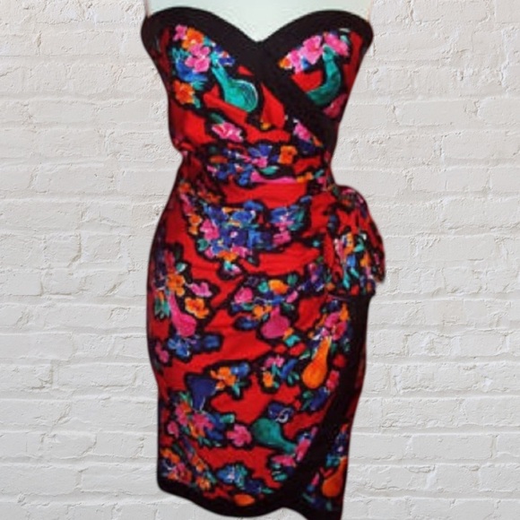 A. J. BARI Vintage Strapless cocktail Dress 80s Cotton Jacquard Floral size 6 - Picture 1 of 4